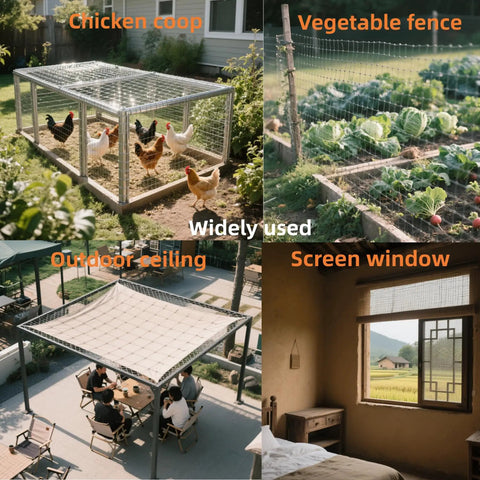 Built Tough Galvanized Hardware Cloth Mesh Roll For Chicken Coops And Backyard Critter Shields Rabbit Snake Gopher Shield Wire Screen Yard Ready Setup 16 By 20 Foot 19 Gauge Quarter Inch in use for chicken coop, vegetable fence, outdoor ceiling, and screen window.