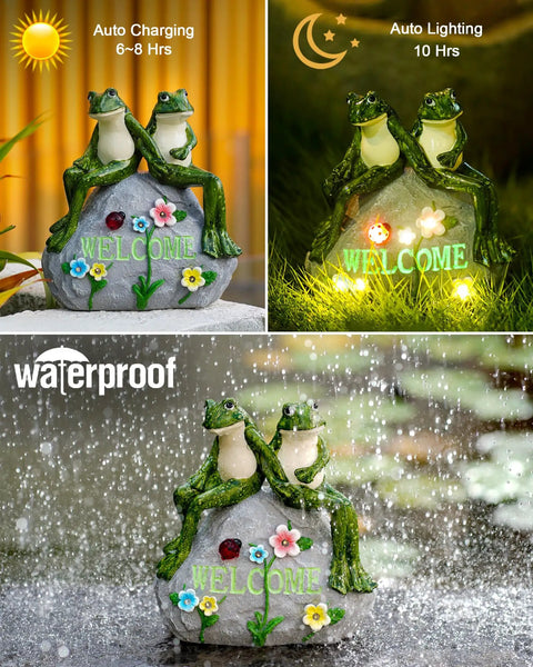 Solar Frog Garden Statue With Realistic Succulent And 7 LED Lights, Evening Glow, Waterproof Outdoor Lawn Decor in rain