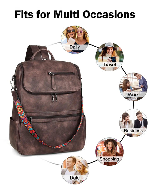 Leather Laptop Backpack For Women With Independent Laptop Compartment Fits Up To 15.6 Inches, shown with colorful strap, coffee color