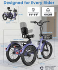 500W Electric Tricycle For Adults With 20 Inch Fat Tire Folding Trike, Three Wheel Stability With Rear Differential, Front Suspension And Hydraulic Disc Brakes, Easy Ride For Beginners And Seniors purple trike dimensions shown