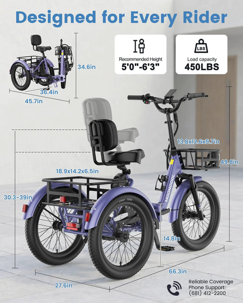500W Electric Tricycle For Adults With 20 Inch Fat Tire Folding Trike, Three Wheel Stability With Rear Differential, Front Suspension And Hydraulic Disc Brakes, Easy Ride For Beginners And Seniors purple trike dimensions shown