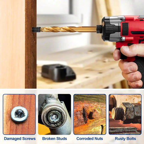 Close-up of using 14 Piece Screw Extractor Set For Stripped Screws And Broken Bolts HSS Left Handed Drill Bits on damaged screws