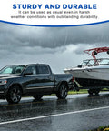 Bulletproof USCAR Seven Pin Trailer Wiring Harness With Multi Tow Connector For Rvs And Pickup Trucks Heavy Duty Copper Cables Knockout Flex Design One Hand Plug In Install shown on truck towing boat in rain.