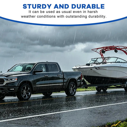 Bulletproof USCAR Seven Pin Trailer Wiring Harness With Multi Tow Connector For Rvs And Pickup Trucks Heavy Duty Copper Cables Knockout Flex Design One Hand Plug In Install shown on truck towing boat in rain.