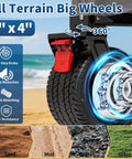 Close-up of all-terrain big wheels on the Heavy Duty Collapsible Wagon With Removable Sun Cover for outdoor use on various surfaces