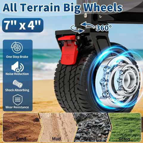 Close-up of all-terrain big wheels on the Heavy Duty Collapsible Wagon With Removable Sun Cover for outdoor use on various surfaces