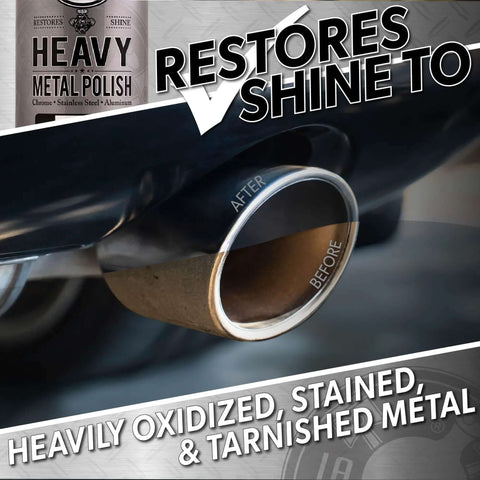 Heavy Metal Polish Restorer And Protectant For Chrome Aluminum Stainless Steel Brass Silver and more, before and after exhaust