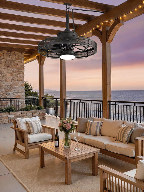 20 Inch Outdoor Ceiling Fan With Lights For Gazebos And Patios IP65 Waterproof Caged Ceiling Fan With Plug In Installation