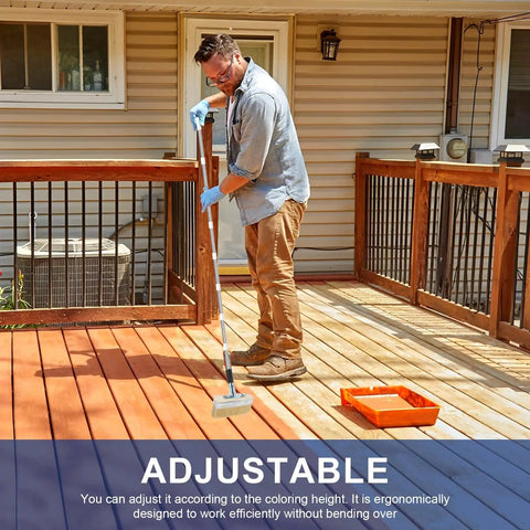 Man using All In One Deck Stain Brush Kit With 67 Inch Extendable Handle, 8 Section Adjustable Pole on deck