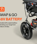 GoRide electric wheelchair with 48V battery module mounted on the frame, front-right view