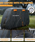 Four Passenger Golf Cart Cover Heavy Duty 420D Waterproof All Weather Protection With Zipper Doors Fits EZGO Yamaha Club Car 4 Seat Up To 115 Inches Durable Rain And Snow Resistant in rain showing waterproof fabric details.