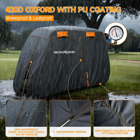 Four Passenger Golf Cart Cover Heavy Duty 420D Waterproof All Weather Protection With Zipper Doors Fits EZGO Yamaha Club Car 4 Seat Up To 115 Inches Durable Rain And Snow Resistant in rain showing waterproof fabric details.