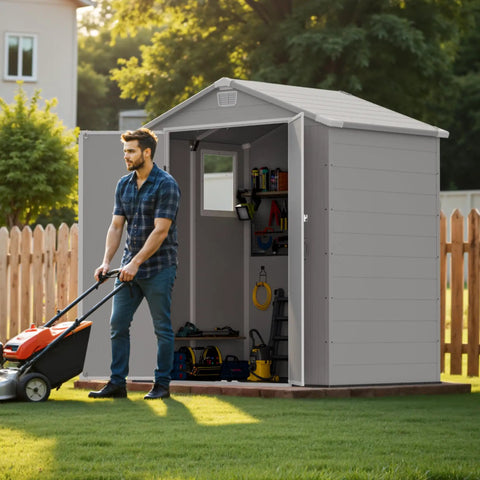 Man with lawnmower beside six by four foot plastic outdoor storage shed with floor lockable double doors window and vents