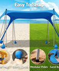 Big Family Beach Tent Sun Shelter 11x10 Ft With 12 Sandbags UPF 50 Plus Shade Canopy setup on sand and grass with pegs and poles