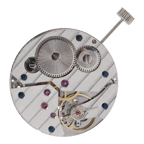 Close-up of ST3600 Mechanical Watch Movement Replacement Part For Repairing And Restoration, showing gears and jewels.
