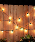 Outdoor string lights hanging on a wooden fence, illuminated at night with warm bulbs, surrounded by plants below.