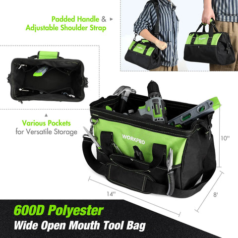 20V Cordless Drill Driver Set With 157 Piece Home Tool Kit Including Drill Bits Sockets And Screwdrivers Plus A 14 Inch Wide Mouth Storage Bag For Easy Home Repairs Green Great For Home Projects And Quick Repairs in a 600D polyester tool bag with pockets