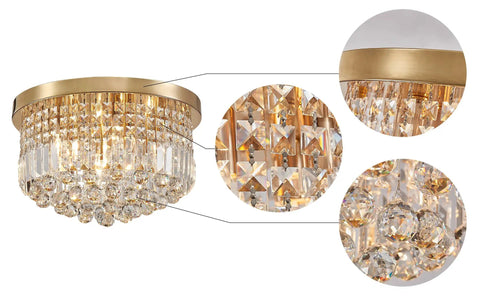 Modern K9 Crystal Raindrop Chandelier Ceiling Light With Brass Canopy, 9 Light Flush Mount, detailed view with clear crystals