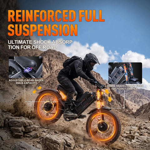 Beast Mode Dual Motor Electric Bike For Adults With Loaded Cargo Rack And Massive Battery cruising over rocky terrain with full suspension.