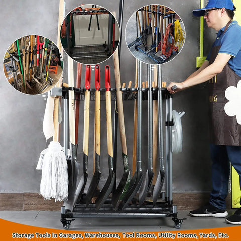 Heavy Duty Garden Tool Organizer And Garage Storage Rack For Long Handled Tools Shovels Rakes And Small Accessories Metal Tool Cart Holds Up To 22 Long Tools Space Saving Durable Yard Maintenance Stand in use in a garage