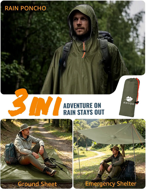 Man wearing Hooded Rain Poncho For Adults Waterproof Lightweight All Weather Rain Jacket Alternative For Men And Women Reusable Emergency Gear Army Green One Size, standing in rain.
