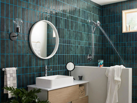Modern bathroom with Aromatherapy Hand Shower With INLY Technology And Spa Capsule Kit, chrome finish, easy water pressure control on tiled wall.