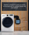 All-In-One Indoor Dryer Vent Kit For Electric Dryers with 4 Filters and PVC Hose installed on white dryer against wooden wall.