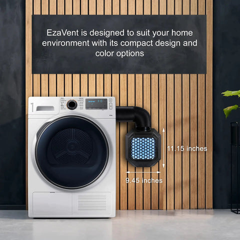 All-In-One Indoor Dryer Vent Kit For Electric Dryers with 4 Filters and PVC Hose installed on white dryer against wooden wall.