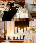 Flameless LED Pillar Candles With Remote And Timer, Battery Powered White Pillar Candles in cozy bedroom and living room settings