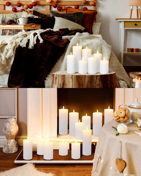 Flameless LED Pillar Candles With Remote And Timer, Battery Powered White Pillar Candles in cozy bedroom and living room settings