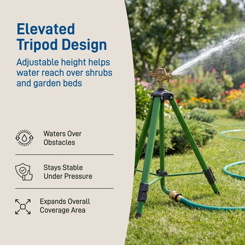 Beefed Up Heavy Duty Zinc Tripod Impact Sprinkler With 360 Degree Rotation And Adjustable Height High Pressure Nozzle in use on lawn