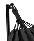 Close-up of Portable Hammock Chair With Stand For Travel Backpacking Beach And Backyard 550 Lb Capacity Easy Setup Includes Carrying Bag 2 In 1 Hammock And Swing Chair With Rustproof Metal Connectors Black showing rustproof metal connectors and black fabric