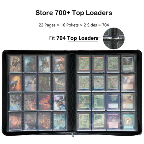 Open 16 Pocket Top Loader Binder That Holds 704 Top Loaders With Side Loading Album displaying trading cards and pocket details