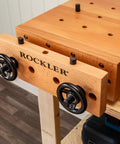 Handy Bench Portable Woodworking Workbench With Moxon Vise, 16x32 Solid Beech Benchtop, 4x4 Dog Hole Grid, close-up of Moxon vise.