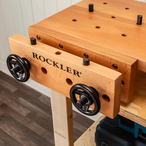 Handy Bench Portable Woodworking Workbench With Moxon Vise, 16x32 Solid Beech Benchtop, 4x4 Dog Hole Grid, close-up of Moxon vise.