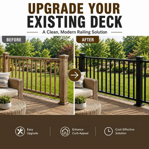 Hella Tough Deck Railing Kit With Reinforced Posts For Patios And Stairs shows before and after deck railing transformation.