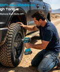 User utilizing Heavy Duty Cordless Impact Wrench Delivering 738 Foot Pounds Of Knockout Brute Force Half Inch Driver on truck tire.
