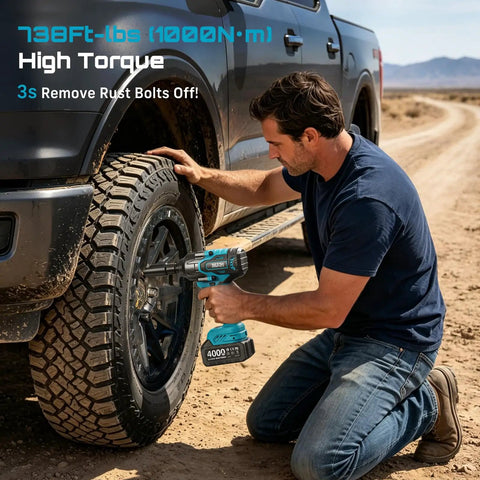 User utilizing Heavy Duty Cordless Impact Wrench Delivering 738 Foot Pounds Of Knockout Brute Force Half Inch Driver on truck tire.