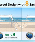 Diagram showing Easy Up Beach Tent Sun Shelter With UPF50 UV Protection 10 By 10 Ft featuring 8 sandbags for stability on sand.