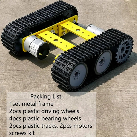 Robot Tank Chassis For Arduino Raspberry Pi Microbit Diy STEAM Education Premium Metal Tracked Robotic Chassis Control Platform For Teaching And Experiments All Terrain Mobility Gold shown with metal frame and plastic tracks