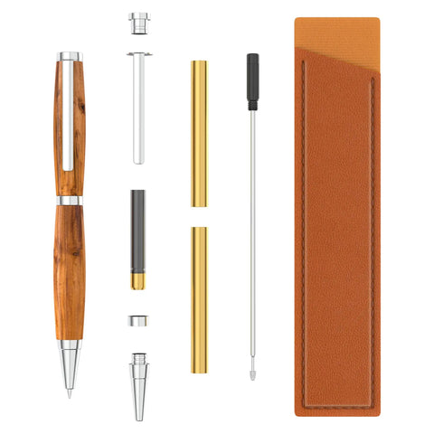 10 Pack Silver Twist Slimline Woodturning Pen Kit Set With Black Ink Bonus Covers And Lathe Turning Essentials shown disassembled with case