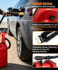 Cordless Fuel Transfer Pump With Auto Stop Portable Spill Free Quick Fill For Fuel Transfer Works With DeWalt 20V And Milwaukee M18 Batteries Great For Lifting Drums And On The Go. Red pump with hose filling a car from a gas can, showing 1.57-inch intake