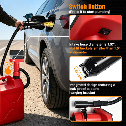 Cordless Fuel Transfer Pump With Auto Stop Portable Spill Free Quick Fill For Fuel Transfer Works With DeWalt 20V And Milwaukee M18 Batteries Great For Lifting Drums And On The Go. Red pump with hose filling a car from a gas can, showing 1.57-inch intake