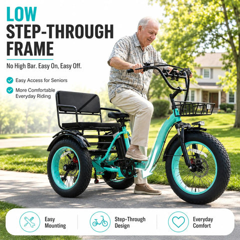 Two Seater Electric Trike For Adults With Passenger Seat And Foldable Frame 1350W Peak Motor 48V 15.6Ah Battery 20x4 Fat Tires 3 Wheel Ebike With Rear Differential Steel Frame Green, low step-through frame