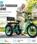 Two Seater Electric Tricycle For Adults With 1350W Peak Motor 90 Mile Range 48V 15.6Ah Battery Rear Differential And Hydraulic Brakes For Safe Family Rides Comfortable Passenger Seat And Smooth City And Trail Performance. Low step-through frame adult electric tricycle with rear passenger seat