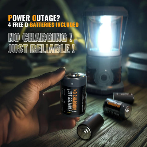 Person holding D battery with glowing Beast 1500 Lumen LED Camping Lantern With 4 D Batteries Included Battery Powered Lantern Flashlight.