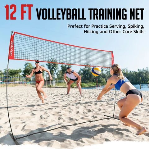 12Ft Volleyball Training Net For Backyard Play, Portable Freestanding Practice Net With Height Adjustable Frame on beach