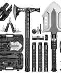 28-In-1 Survival Shovel Set With Axe And Knife, High Carbon Steel Camping Gear For Men displayed with components and carry case.