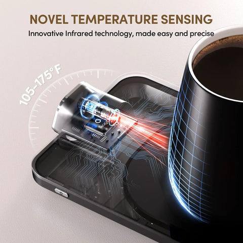 Smart Coffee Mug Warmer Set Keeps Your Brew Hot All Day With Real Time Temperature Readout showing infrared sensing technology