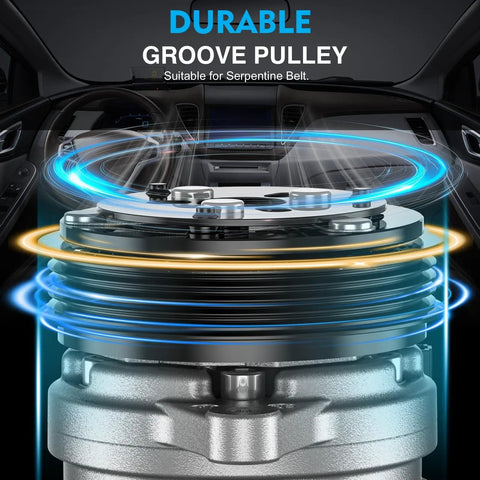 Close-up of durable groove pulley for Heavy Duty Universal AC Compressor With Clutch Included For Quick Car Cooling Fixes.